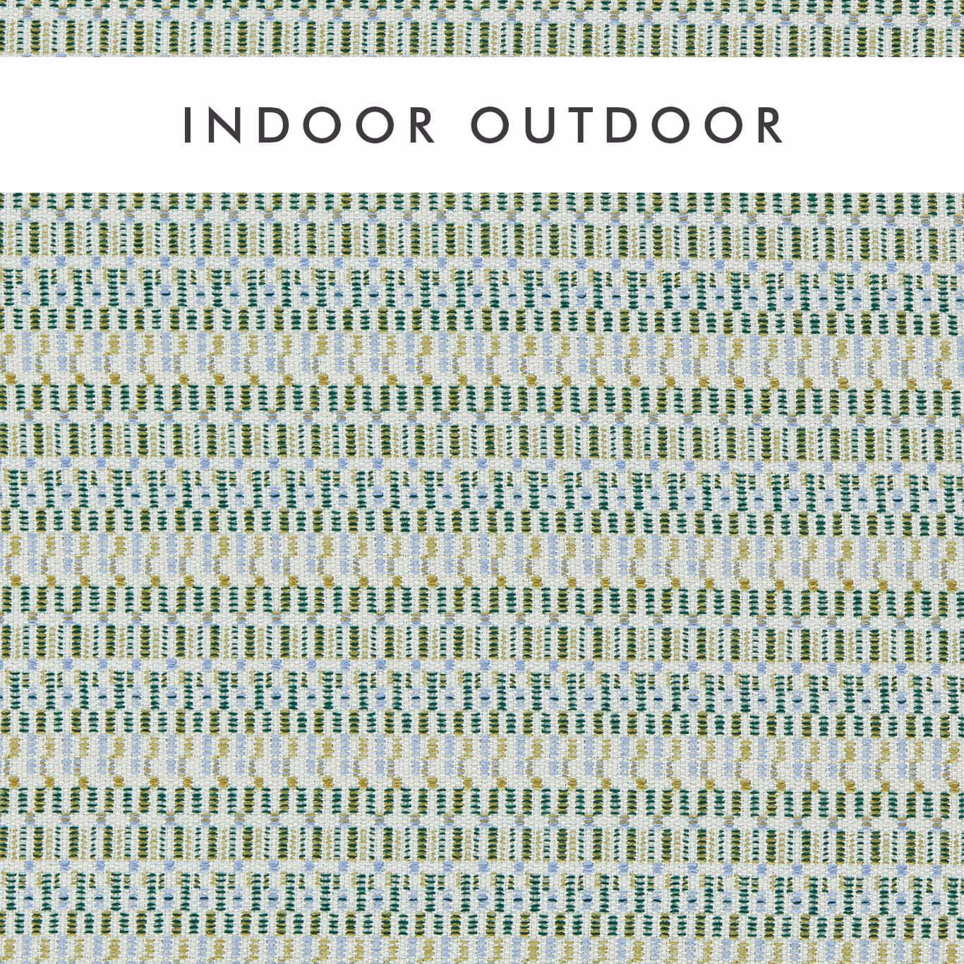 Pale grey woven outdoor textile with teal, green, iris and mustard dash bands