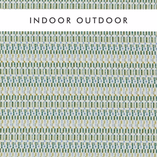 Pale grey woven outdoor textile with teal, green, iris and mustard dash bands
