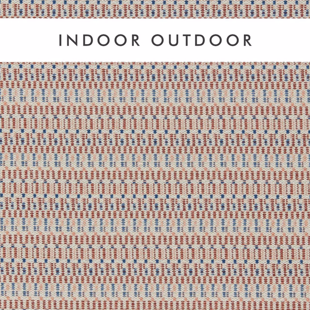 Rust, indigo and cream geometric outdoor weave with tiny horizontal patterned bands