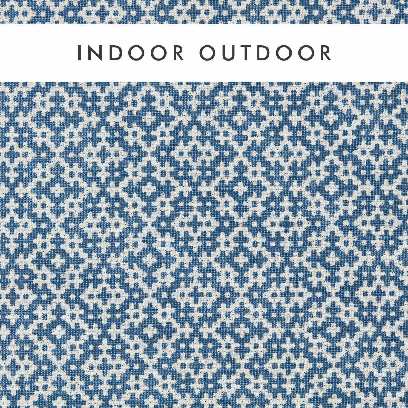 Indigo and chalk woven geometric lattice with a softly textured outdoor finish