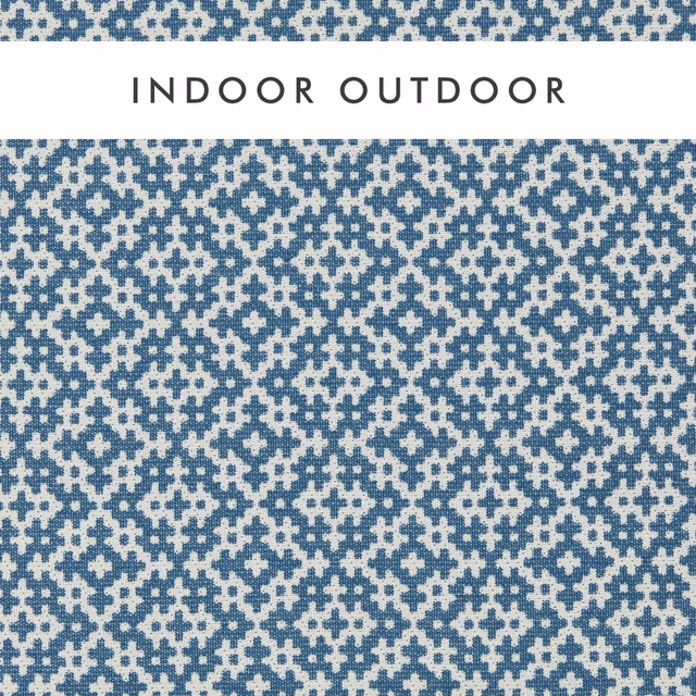 Indigo and chalk woven geometric lattice with a softly textured outdoor finish