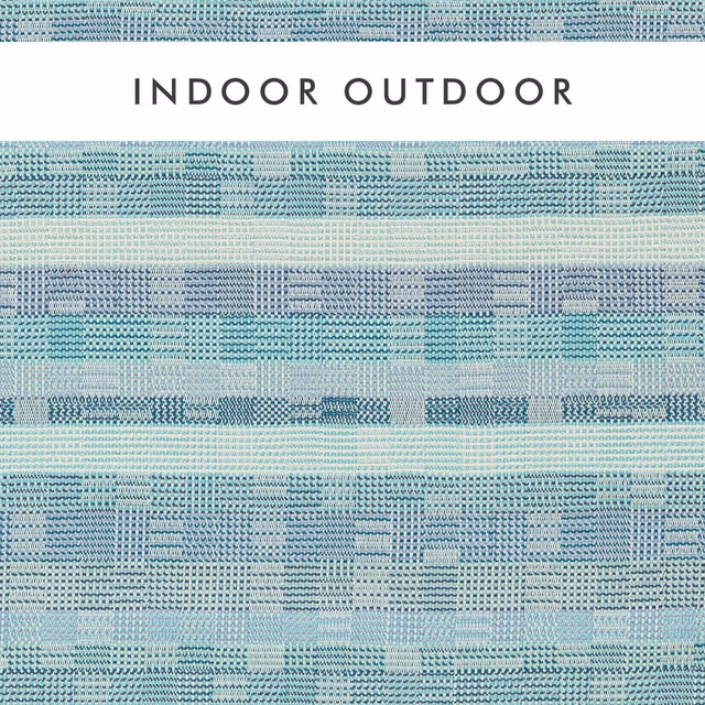 Pale aqua and indigo geometric bands in a finely textured outdoor woven fabric