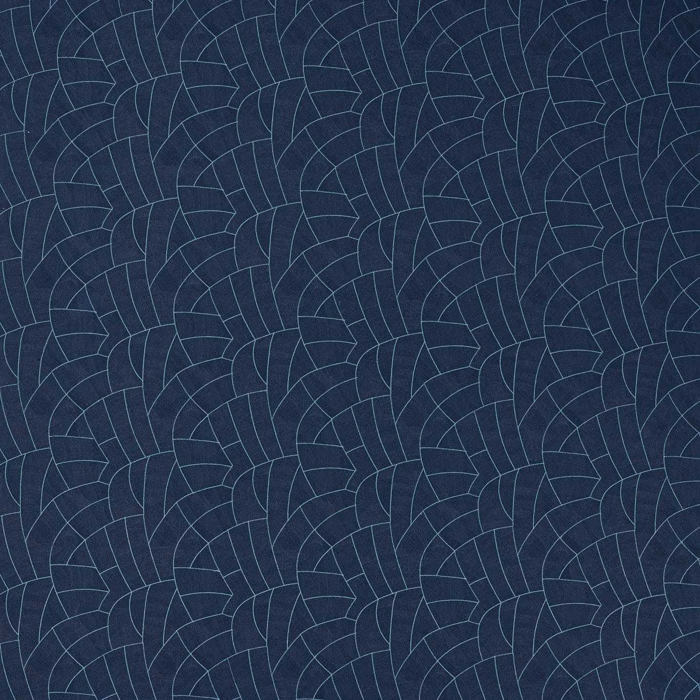 Deep indigo woven fabric with fine sky-blue curved segmented lines