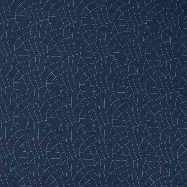 Deep indigo woven fabric with fine sky-blue curved segmented lines