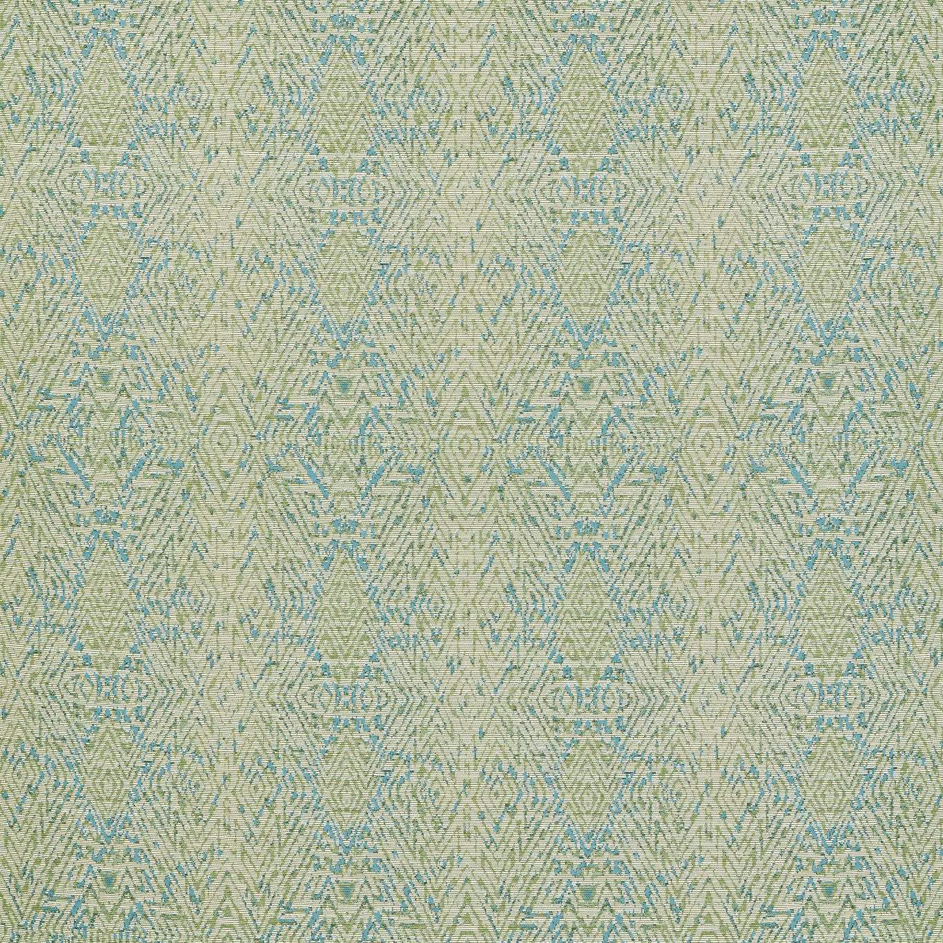 Muted lagoon teal geometric weave with pale green zigzags and medallion motifs