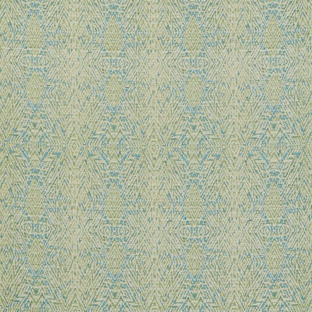 Muted lagoon teal geometric weave with pale green zigzags and medallion motifs