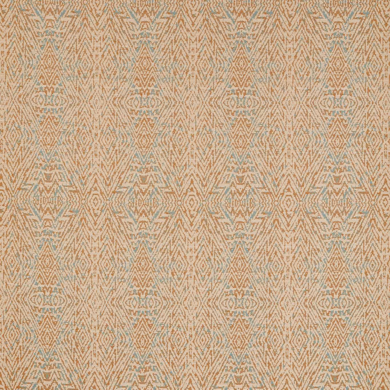Paprika and limpet blue geometric woven fabric with chevrons and ornamental motifs