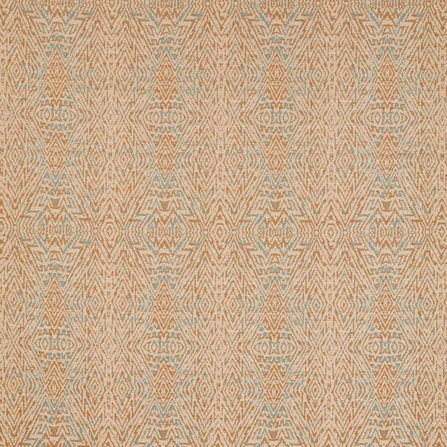 Paprika and limpet blue geometric woven fabric with chevrons and ornamental motifs