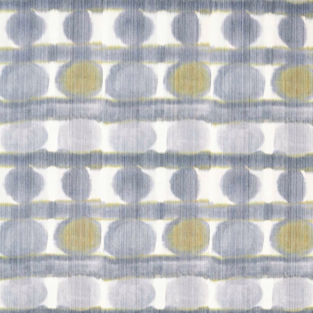 Blue-grey and ochre rounded motifs with fine vertical striations on ivory ground