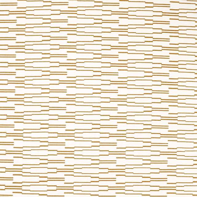 Cream textile with fine ochre broken-line geometric blocks in a horizontal rhythm