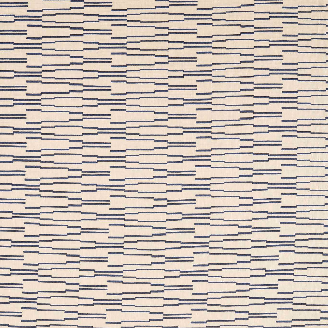 Pale parchment textile with closely spaced stepped indigo horizontal bars and fine woven texture