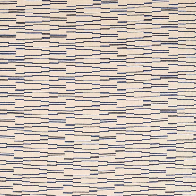 Pale parchment textile with closely spaced stepped indigo horizontal bars and fine woven texture