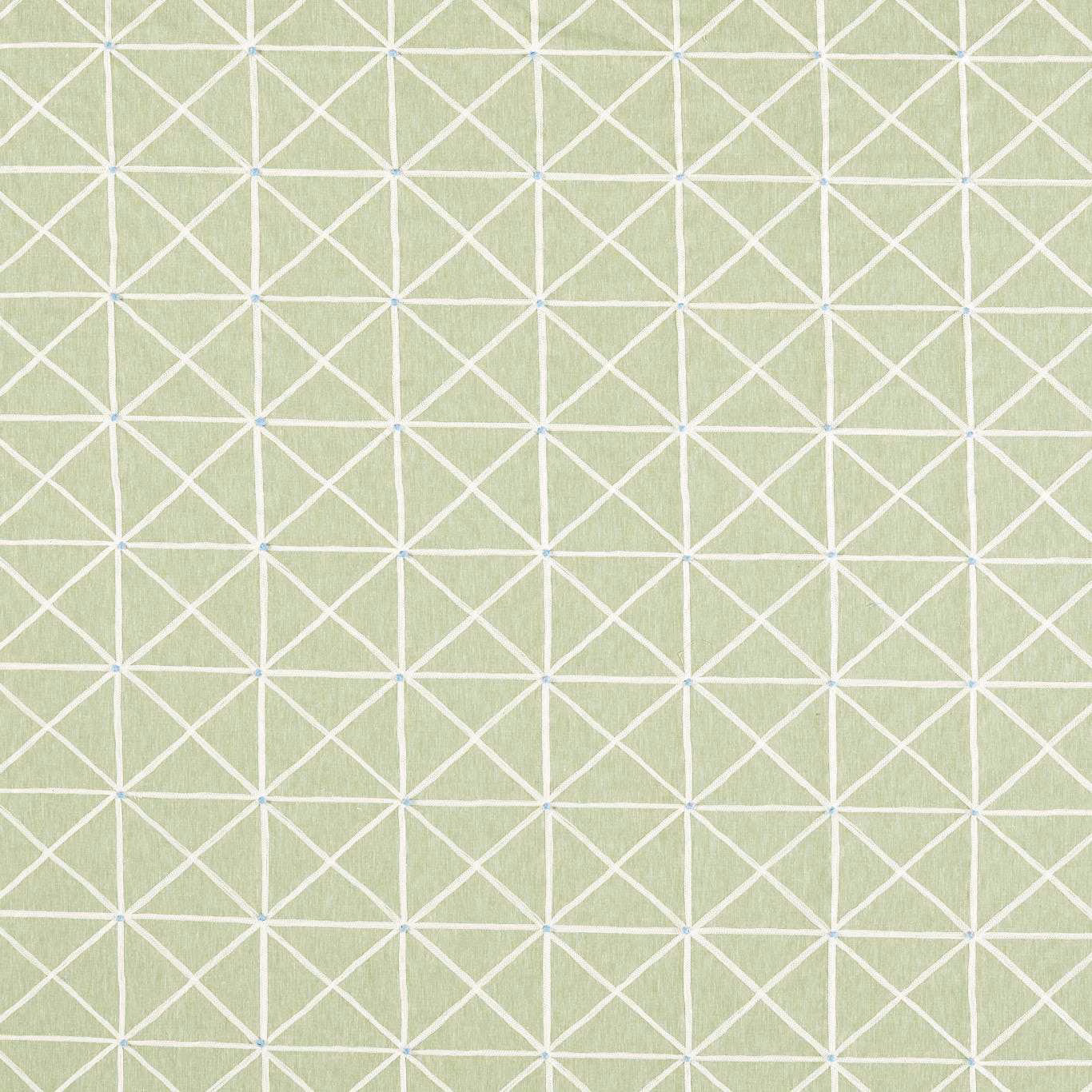 Pale meadow-green woven fabric with white and sky-blue geometric diamond lattice