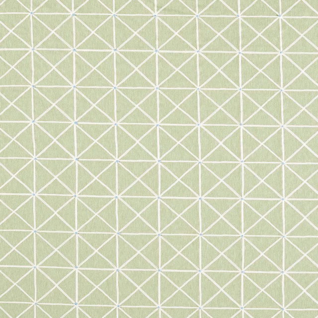 Pale meadow-green woven fabric with white and sky-blue geometric diamond lattice