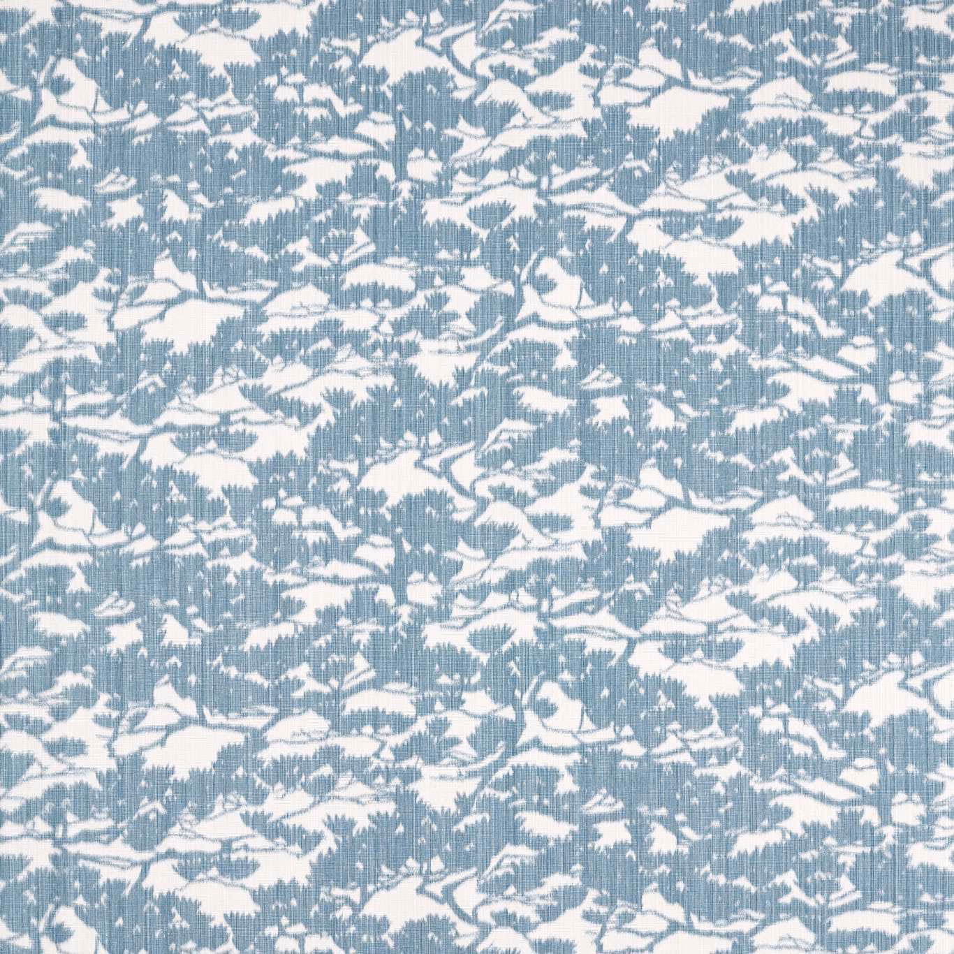 Cool denim-blue and ivory woven fabric with fine ribs and broken foliage motifs