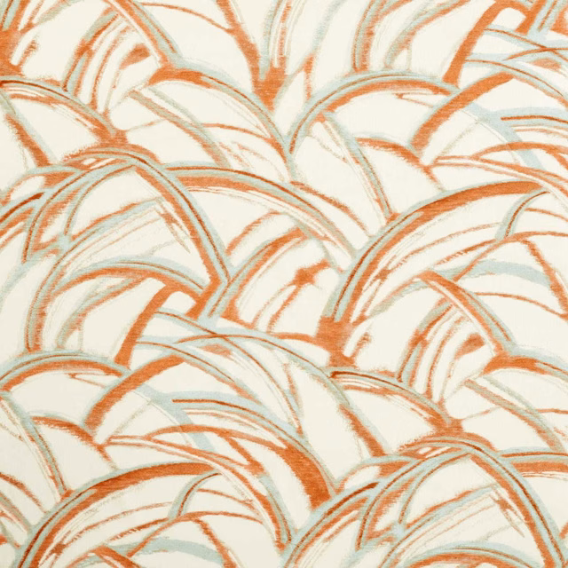 Ivory textile with sweeping paprika and seaglass feather-like arcs across a fine textured surface