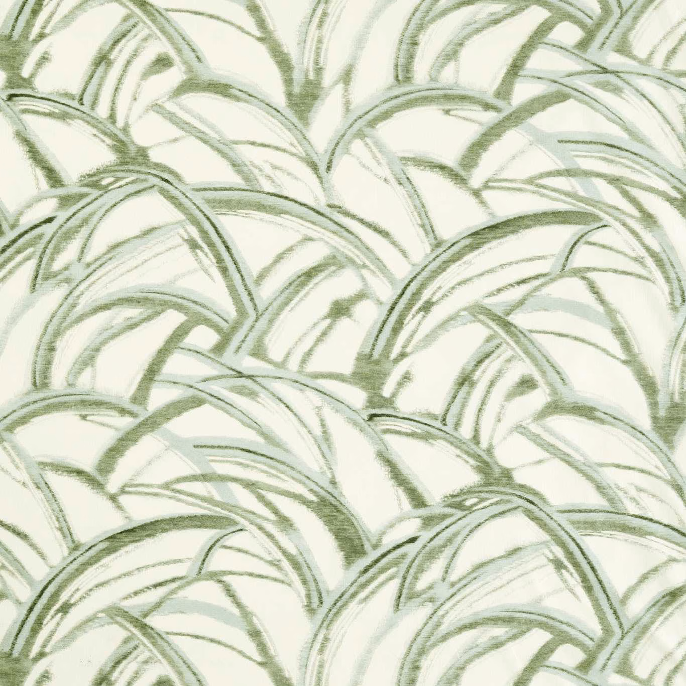 Pale seaglass fabric with layered sage and evergreen curved frond motifs