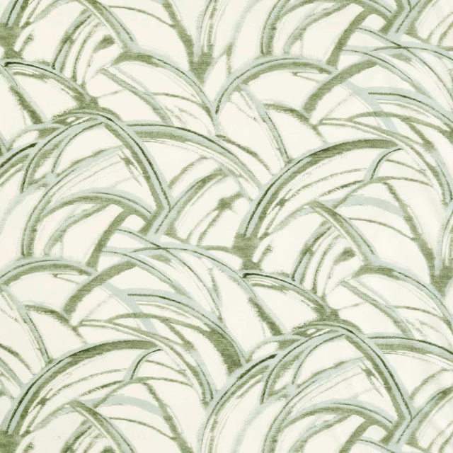 Pale seaglass fabric with layered sage and evergreen curved frond motifs