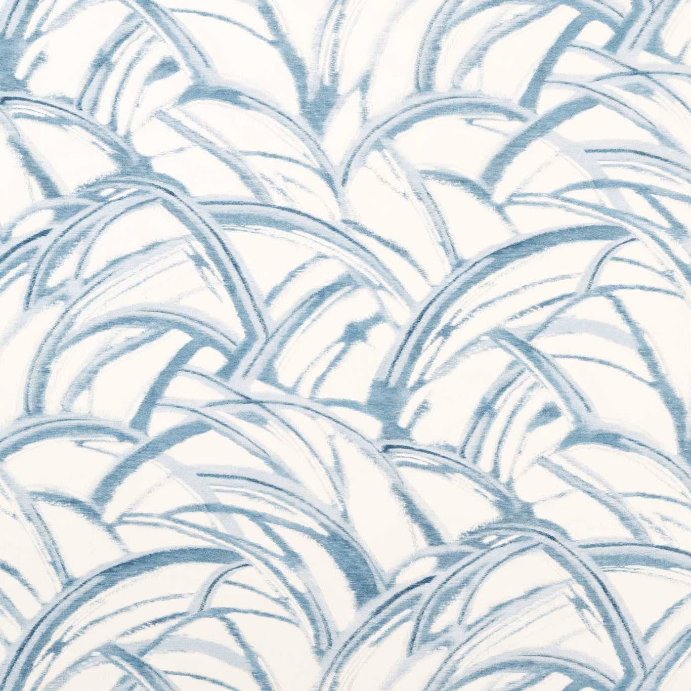 Pale sky blue fabric with layered indigo brushstroke leaf arcs