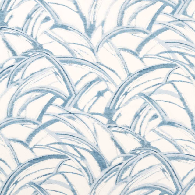 Pale sky blue fabric with layered indigo brushstroke leaf arcs