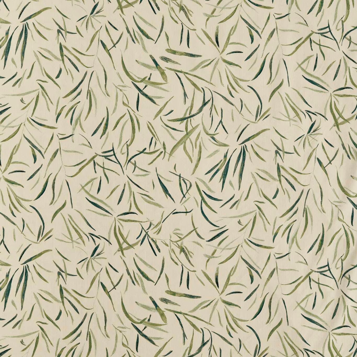 Ivory fabric with deep forest and olive-green loose botanical brushstrokes