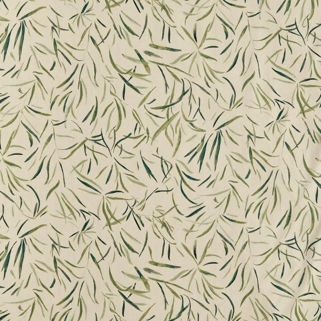 Ivory fabric with deep forest and olive-green loose botanical brushstrokes