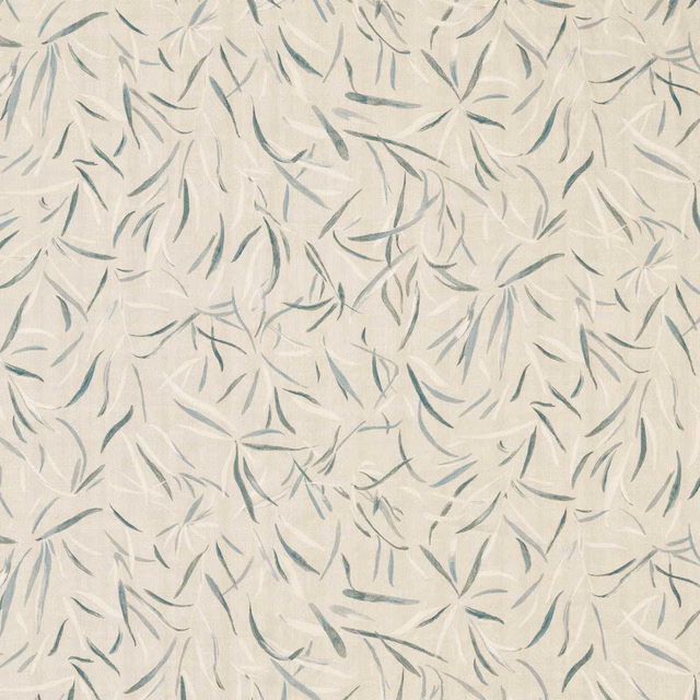 Chalk cream woven fabric with scattered muted blue-grey curved leaf-like marks