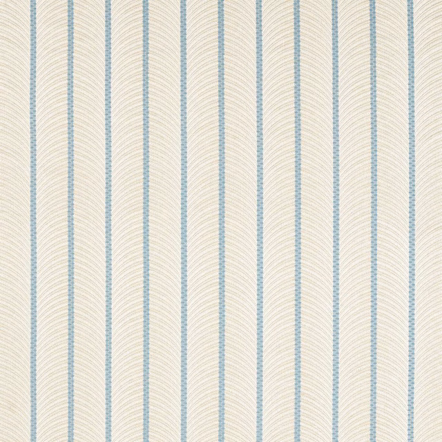 Parchment woven fabric with fine cornflower-blue vertical stripes and curved line texture