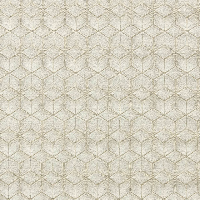 Pale ivory geometric cube weave with fine taupe linear texture in Ochiba Frost
