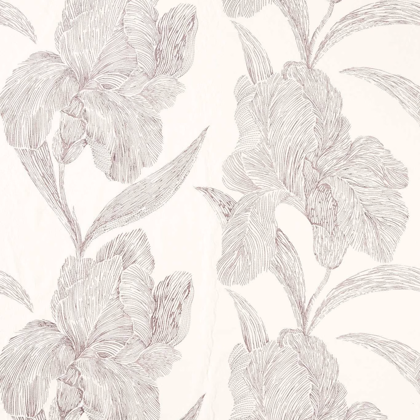 Large lilac line-drawn flowers and leaves on a softly warm cream fabric ground
