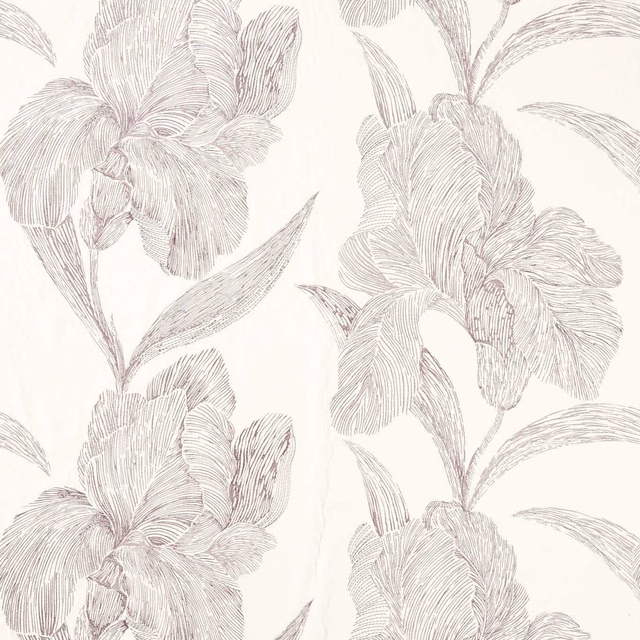 Large lilac line-drawn flowers and leaves on a softly warm cream fabric ground