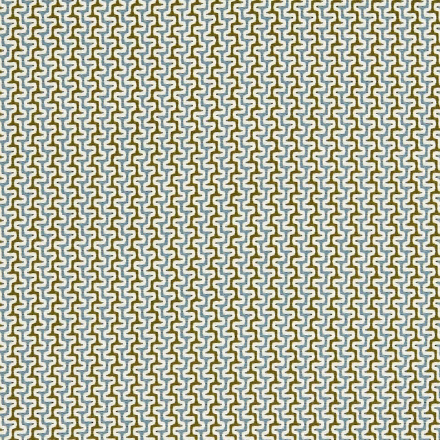 Sky blue and olive stepped geometric weave on a warm ivory ground