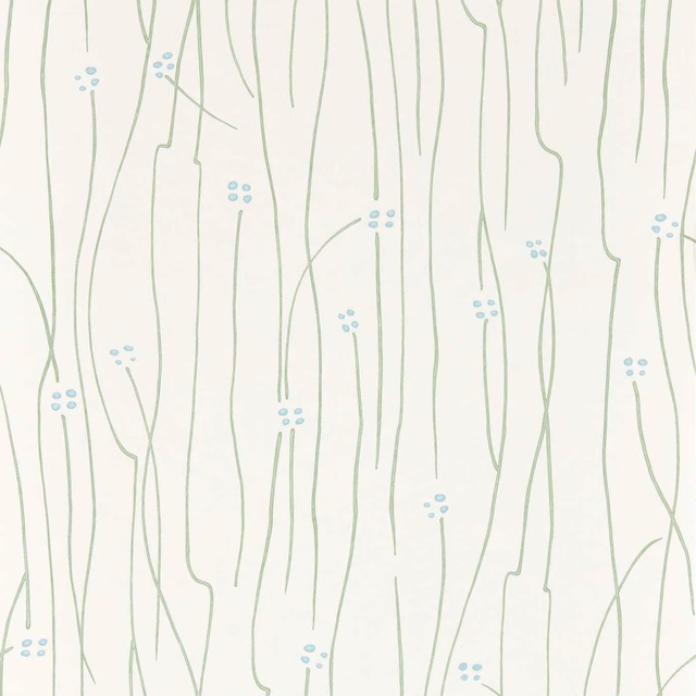 Chalk wallpaper with avocado-green stems and tiny sky-blue dot clusters