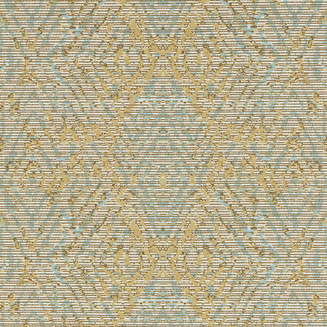 Pale buttermilk wallpaper with sky-blue striations and ochre damask ornament