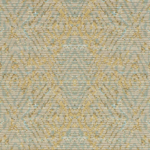 Pale buttermilk wallpaper with sky-blue striations and ochre damask ornament
