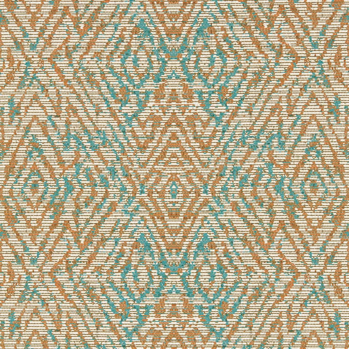 Paprika and teal geometric ikat motifs on a warm ivory wallpaper ground