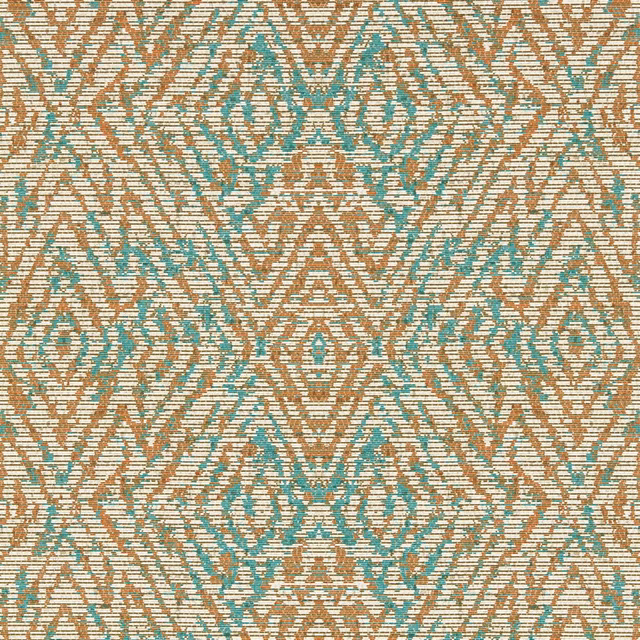 Paprika and teal geometric ikat motifs on a warm ivory wallpaper ground