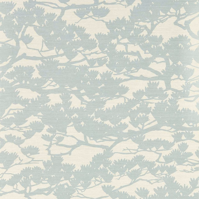 Pale sky-blue branches and leafy silhouettes scattered across a chalk ground