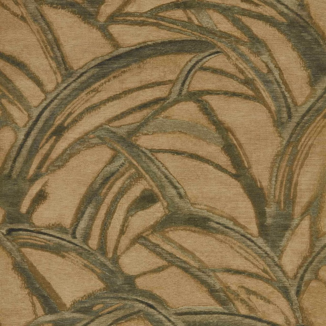 Warm clay wallpaper with sweeping graphite botanical bands and fine linear texture