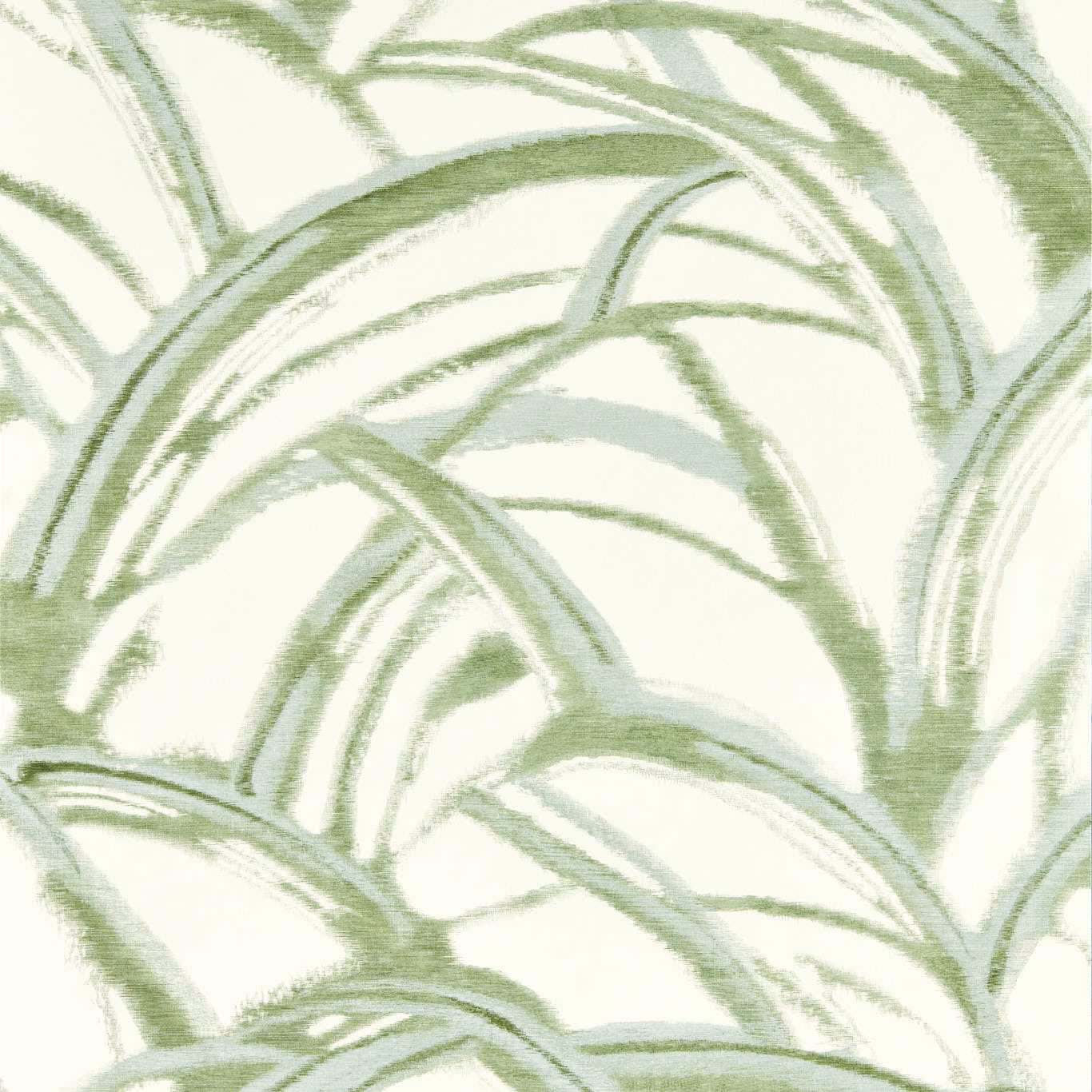 Pale ivory wallpaper with sweeping sage and evergreen botanical strokes in a painterly weave-like pattern
