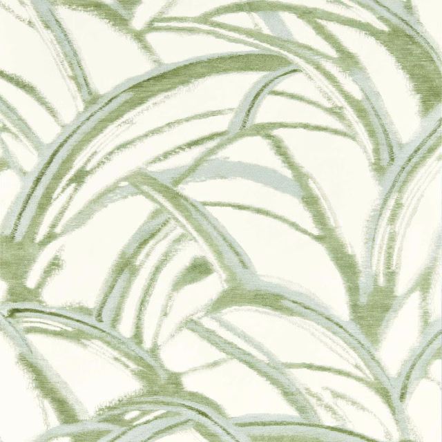 Pale ivory wallpaper with sweeping sage and evergreen botanical strokes in a painterly weave-like pattern