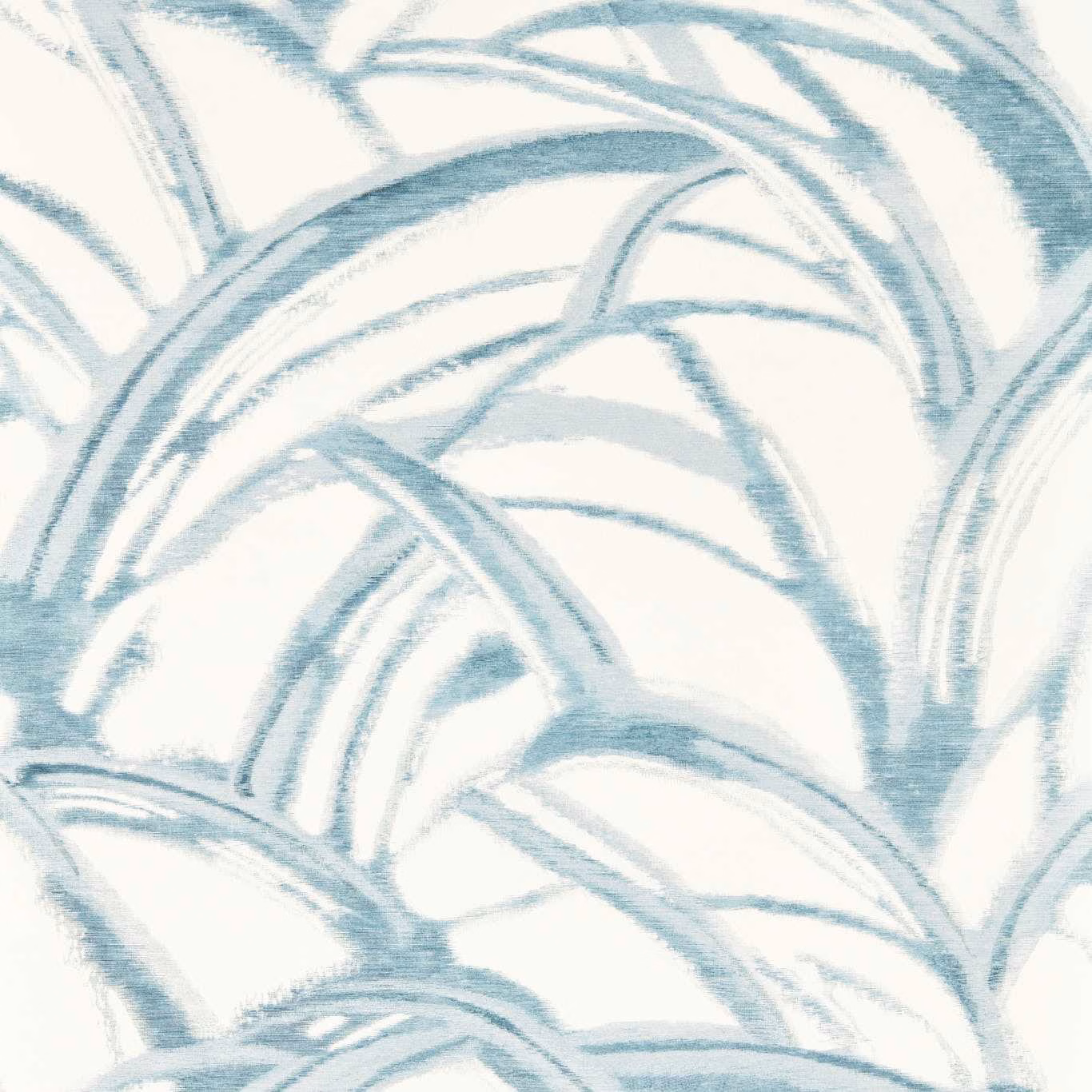 Pale sky blue and indigo sweeping botanical strokes on an off-white ground
