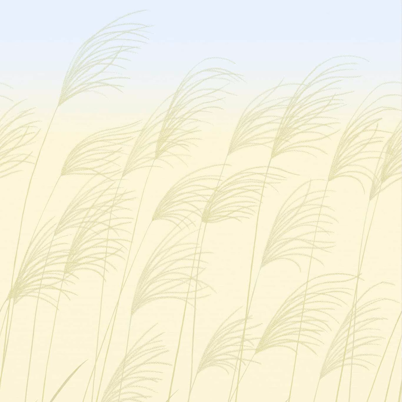 Pale buttermilk wallpaper with sky-blue ground and sweeping straw-green grass stems