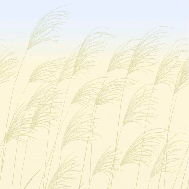 Pale buttermilk wallpaper with sky-blue ground and sweeping straw-green grass stems