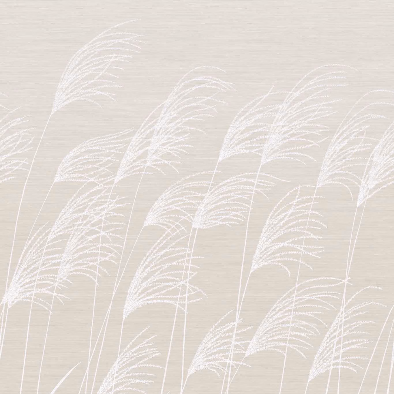 Pale parchment wallpaper with frost-white feathery miscanthus stems and subtle horizontal texture