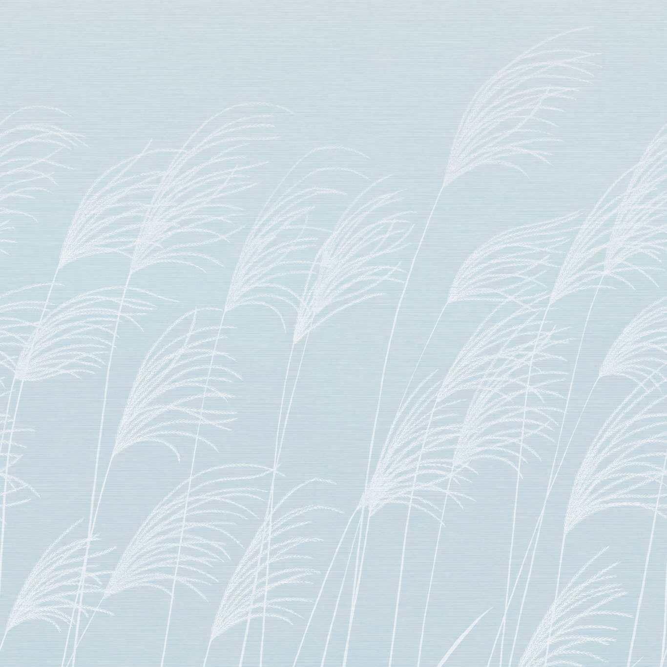 Pale icy blue wallpaper with fine white miscanthus plumes and subtle horizontal texture
