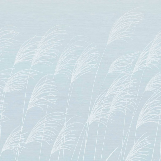 Pale icy blue wallpaper with fine white miscanthus plumes and subtle horizontal texture