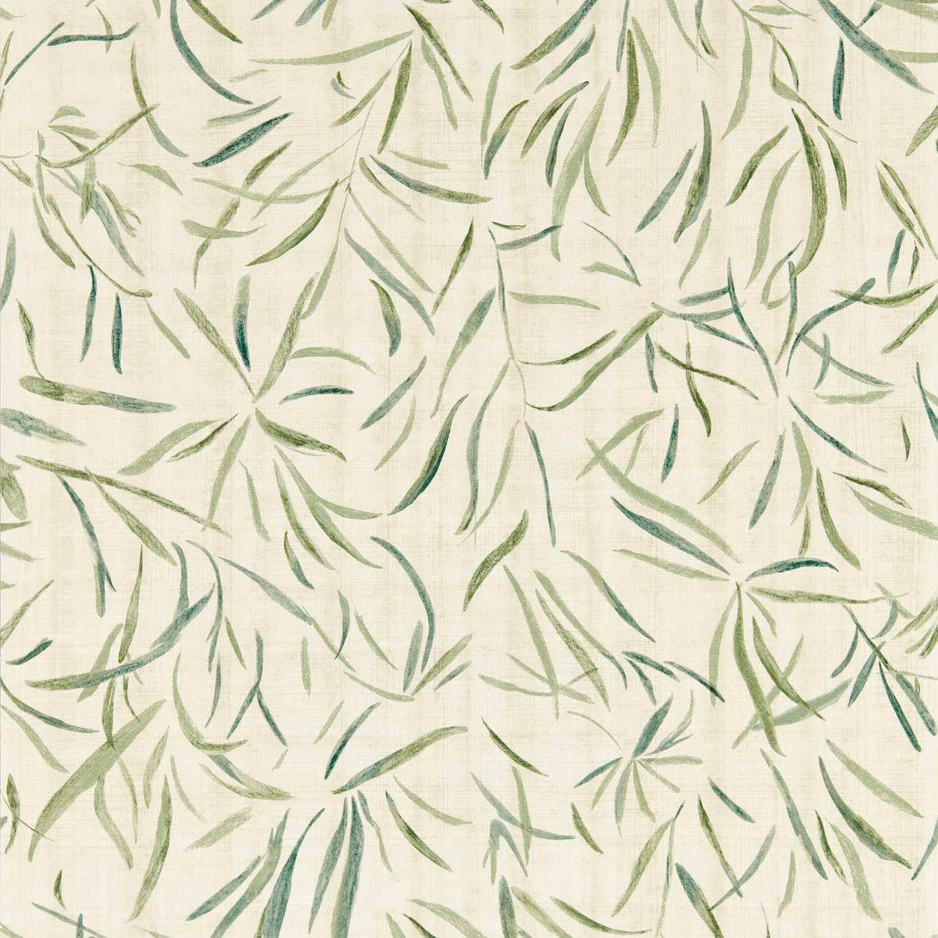 Pale straw wallpaper with loose evergreen and sage botanical brushstrokes