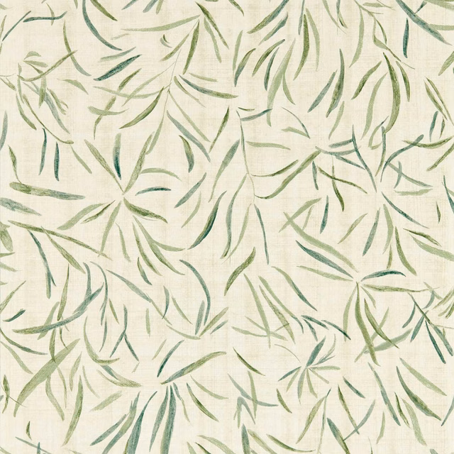 Pale straw wallpaper with loose evergreen and sage botanical brushstrokes