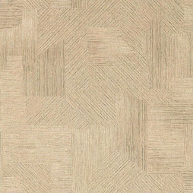 Warm pumice beige wallpaper with fine bronze angular blocks and etched linear texture